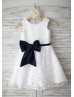 Ivory Lace Big Navy Blue Bow Knee Length Flower Girl Dress Ivory Lace Big Navy Blue Bow Knee Length Flower Girl Dress